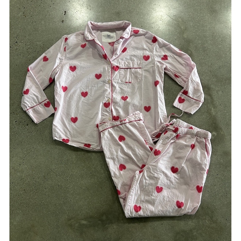 PRINT FRESH‎ Pajama Set Pants Shirt 100% Cotton Pink Red Hearts Pockets Sz L